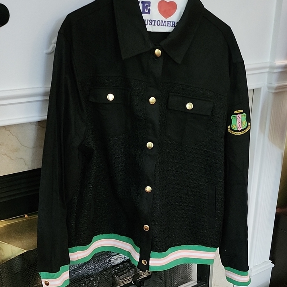 AKA Black Tweed Jacket with Gold Buttons and Green Trim